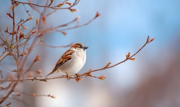 A small bird sitting on a thin tree branch in early March