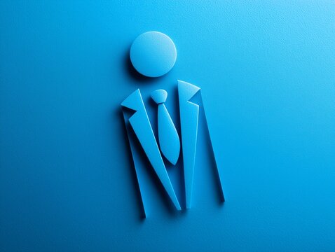 Stilisierte blaue 3D-Ikone eines Gesch&auml;ftsmannes in Anzug und Krawatte auf blauem Hintergrund, modern und minimalistisch