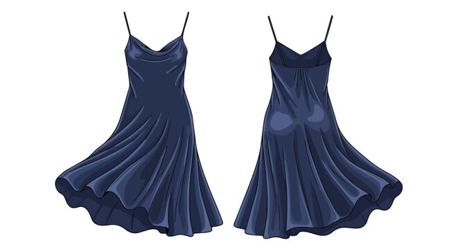 Elegant navy blue satin slip dress front and back views showcasing graceful fluid design