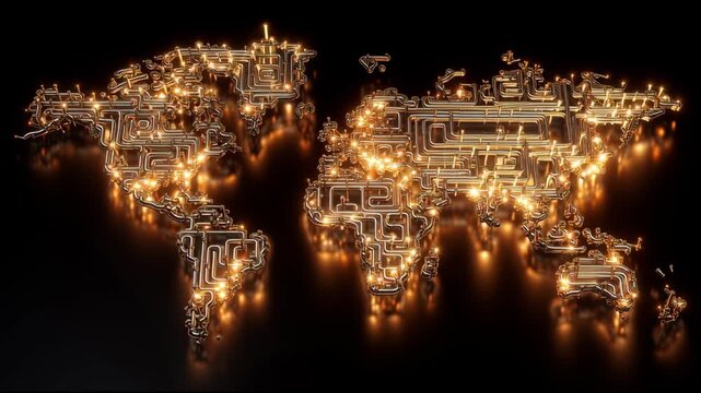 glowing world map made of oil pipelines connecting continents symbolizing global petroleum trade and energy dependency