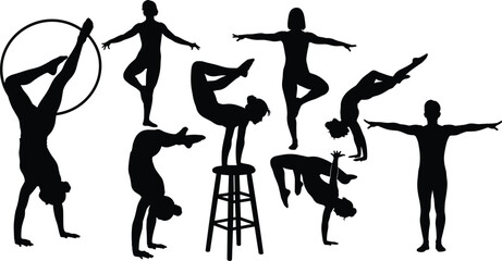 Gymnast silhouettes set acrobat balance handstand hoop and flexibility poses artistic gymnastics athletes isolated black figures collection © MstSukhimon