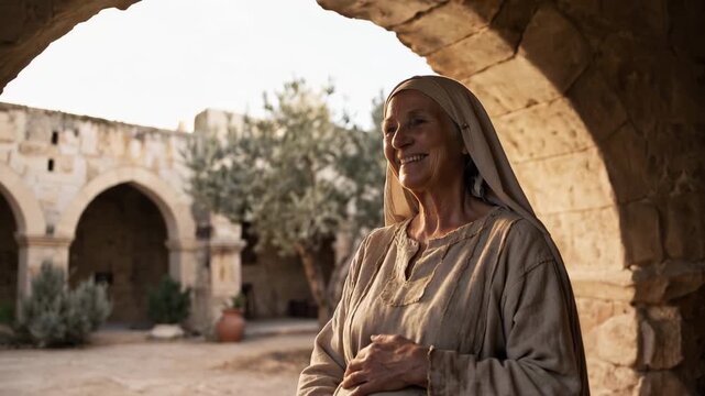 Pregnant Elizabeth smiling holding her belly in courtyard