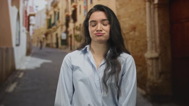Woman in blue shirt with wavy hair purses lips on old town street under soft morning sunlight; boredom.