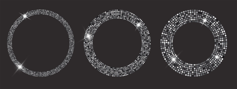 Round silver frames adorned with glittering confetti and starbursts form an elegant circular pattern, perfect for festive celebrations and disco-themed graphics.