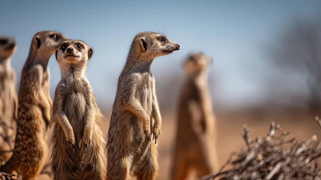 Group of Meerkats Standing Alert in the Desert