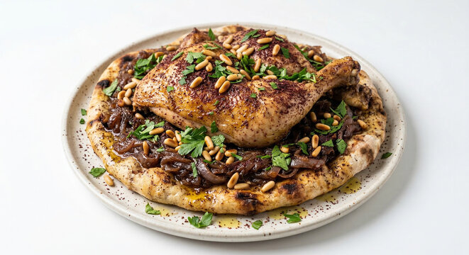 Musakhan Palestinian Roasted Chicken with Caramelized Onions Sumac Pine Nuts and Olive Oil on Flatbread White Background