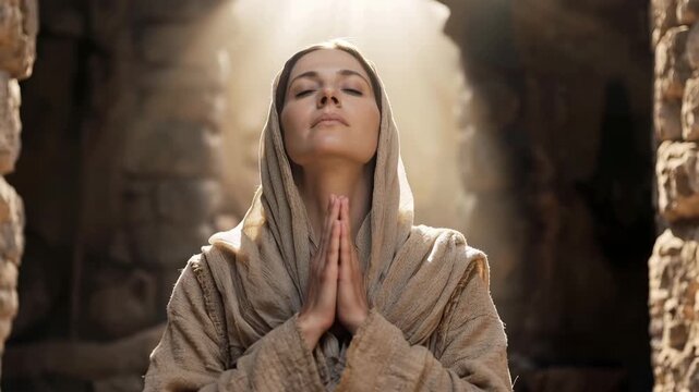 Reverent Mary with hands crossed accepting word of God