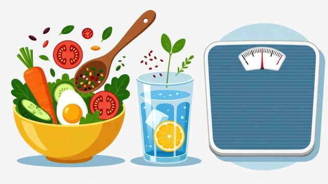 Fresh vegetables in a bowl with a glass of water and a weighing scale for healthy lifestyle and weight management illustration