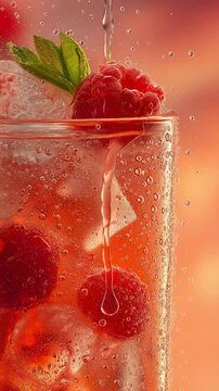 Close-up of refreshing raspberry lemonade with ice cubes and fresh mint in a glass with condensation
