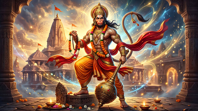 Majestic Lord Hanuman with Gada for Hanuman Jayanti Celebration