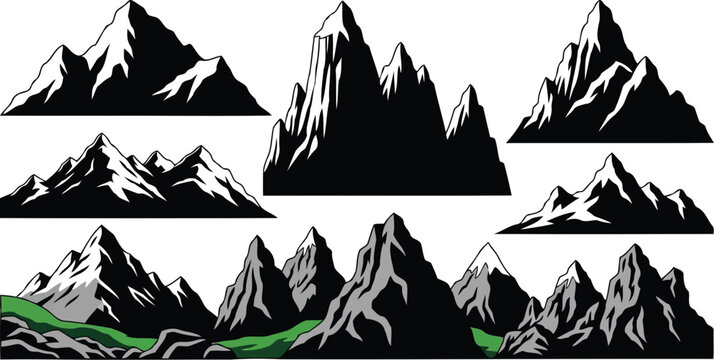 Black and white rocky summit silhouette graphic elements