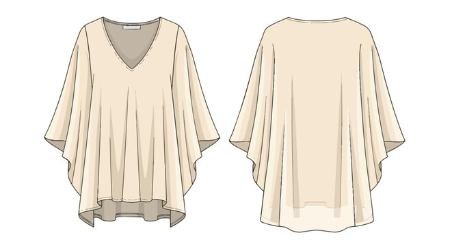 Original flat design technical illustration for a women's elegant v-neck top with wide sleeves, presenting front and back views for apparel pattern