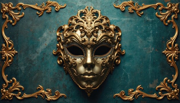 Exquisite Golden Masquerade Mask Adorned with Ornate Gold Filigree Borders on a Textured Teal Background for Elegant Occasions