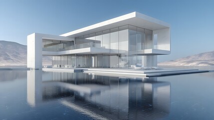Fototapeta premium Modern Luxury Villa Architecture Overlooking Serene Water Landscape.