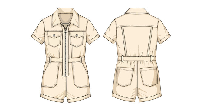 Contemporary fashion flat sketch showcasing a versatile women's utilitarian playsuit design
