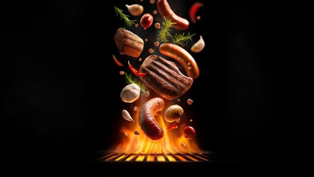 Grillfleisch, W&uuml;rste und Gem&uuml;se fliegen dynamisch &uuml;ber loderndem Grillfeuer