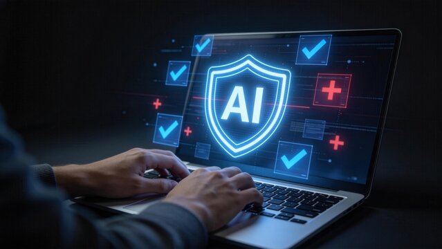 Laptop displaying AI security shield with verification icons,cybersecurity protection and risk management concept for data privacy,compliance and secure digital infrastructure