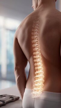 Visualization of human spine anatomy highlighting vertebrae alignment on male back.