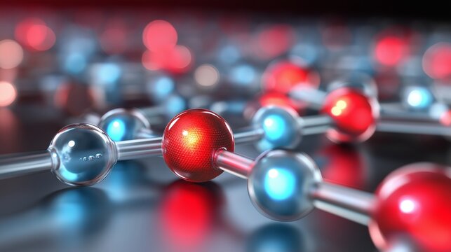 Blaue und rote molekulare Netzwerkstruktur mit leuchtenden Verbindungsknoten