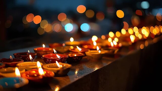 Burning Diwali Oil Lamps in a Row with Bokeh Lights at Night