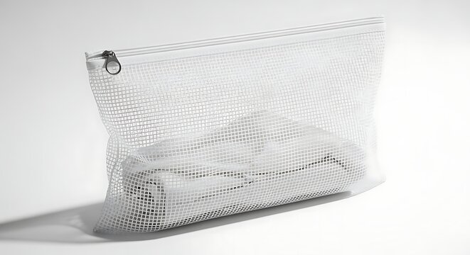 Clear mesh zippered pouch with white object inside on white background