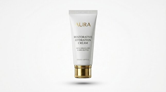 Restorative hydration cream tube with gold accents and white background for beauty and skincare product advertising and packaging design purposes effectively