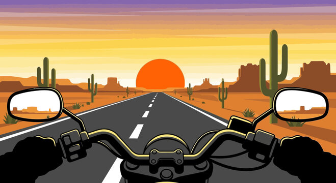 Motorcycle ride on desert highway at sunset, first-person view