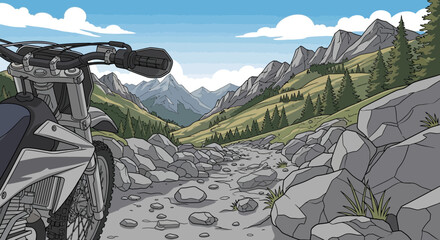 Pixel Art Motorcycle Adventure in Rugged Mountain Valley Landscape © Natan