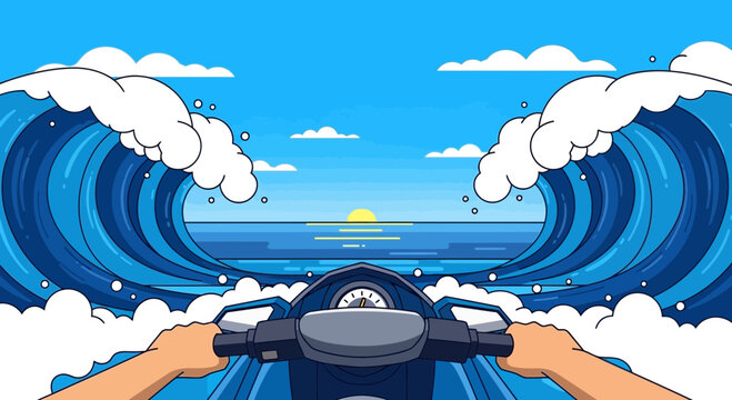 Pixel art jet ski ride through massive ocean waves at sunset