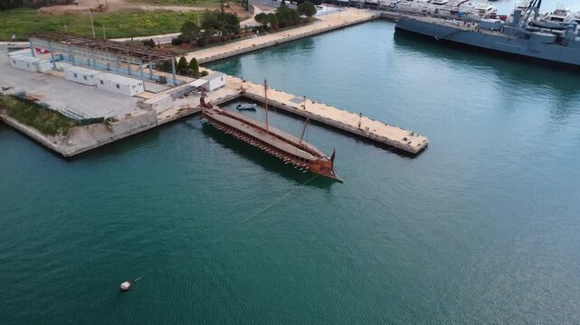 Aerial view ancient trireme ship at Flisvos Marina Athens Greece