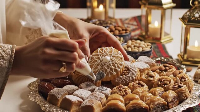 Hands decorating traditional Arabic cookie with icing for celebration