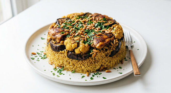 Maqluba Palestinian Upside Down Rice with Chicken Eggplant Cauliflower Pine Nuts and Parsley on White Plate White Background
