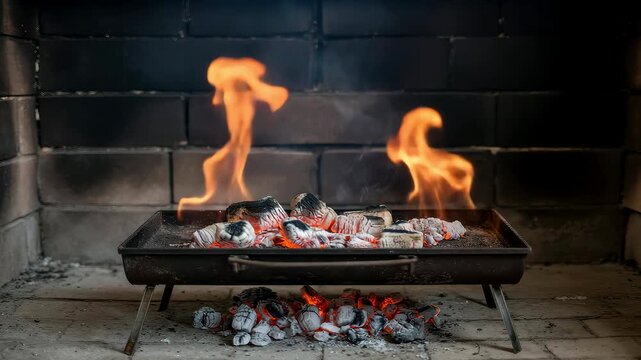 Burning charcoal briquettes in a grill with intense flames and smoke