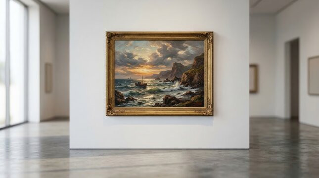 Golden framed seascape painting hanging on a white gallery wall with coastal rocky scene gold frame