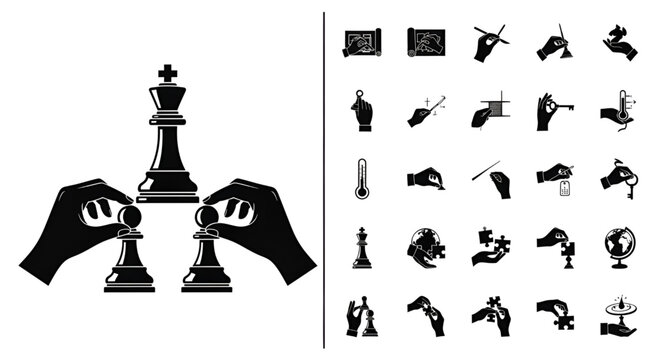 Strategy game success concept with king and pawns hands moving chess pieces black silhouette icons set