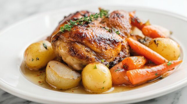 plate of poule au pot with carottes and mini navets