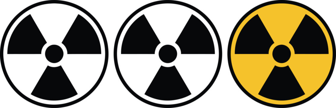 Radiation warning trefoil symbols, collection of three vector icons for nuclear hazard radioactive risk and industrial safety warning graphics.
