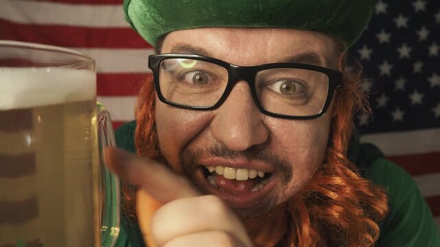 man with beard and green hat celebrating Saint Patrick's Day tradition in bar setting, holding glass of green beer. Festive atmosphere holiday, 