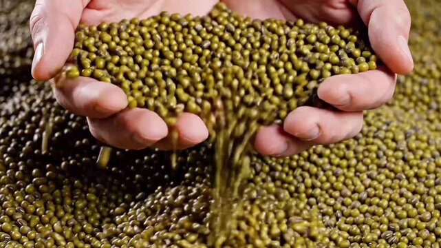 Close-up of hands holding and pouring fresh green mung beans