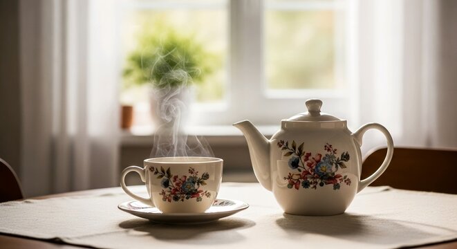 Vintage Teapot and Cup with Hot Tea on Cozy Morning Table