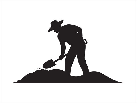 Silhouette of a man digging with a shovel, isolated agriculture work vector illustration