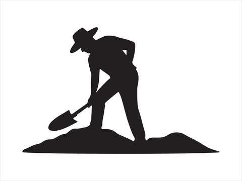 Silhouette of a man digging with a shovel, isolated agriculture work vector illustration