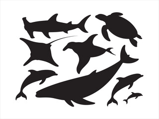 Diverse marine animals silhouettes set sea creatures ocean wildlife vector illustration © Smart Craft SVG