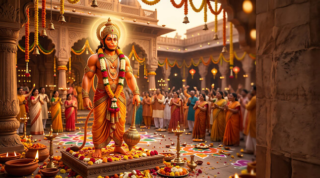 Devotees Celebrating Hanuman Jayanti at a Hindu Temple