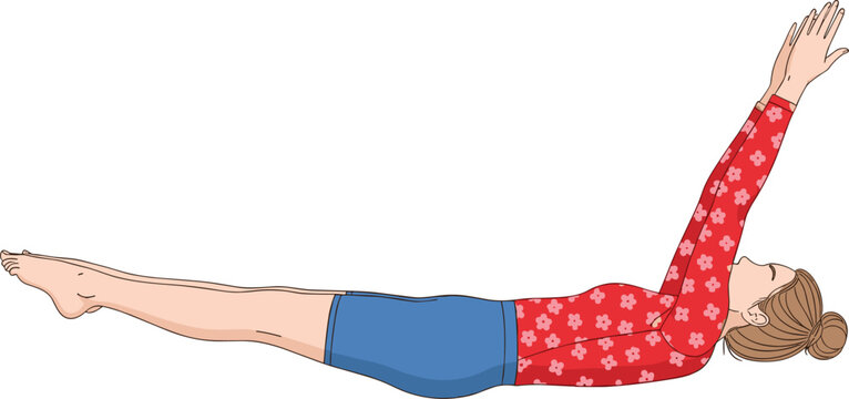 Focused athlete performing hollow body hold exercise in red floral shirt and blue shorts, demonstrating core strength, stability, and proper gymnastics fitness training technique.