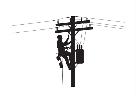 Silhouette of electrician lineman climbing utility pole performing power line maintenance, power line worker vector illustration