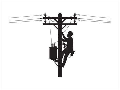 Silhouette of electrician lineman climbing utility pole performing power line maintenance, power line worker vector illustration