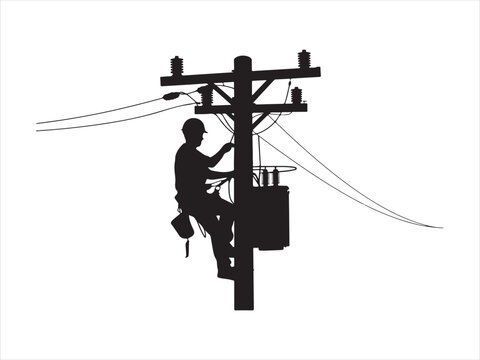 Silhouette of electrician lineman climbing utility pole performing power line maintenance, power line worker vector illustration