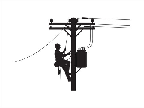 Silhouette of electrician lineman climbing utility pole performing power line maintenance, power line worker vector illustration