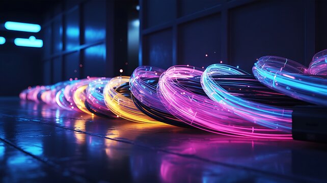 Vibrantly illuminated fiber optic cables, arranged in mesmerizing loops, glow with a spectrum of electric colors, symbolizing fast data communication and future technology.